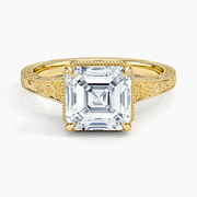 Asscher cut moissanite dense acanthus engraved ring in yellow gold, top view